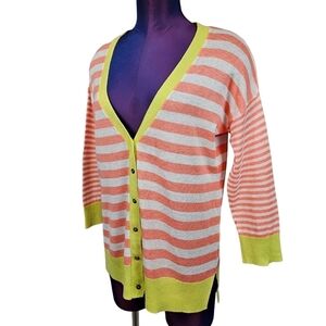 JCP White‎ & Salmon Striped Linen Blend Button Front Cardigan Size Small